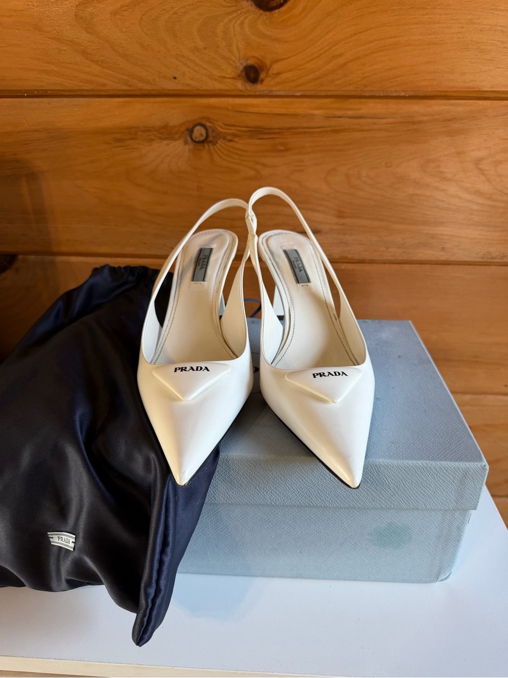 Prada White Pointed Patent Slingback Pumps - Picture 6 of 12